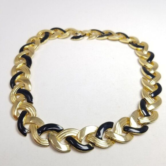 Vintage Gold Tone and Black Enamel Chunky Link Collar Necklace, 80s Style - Picture 6 of 8